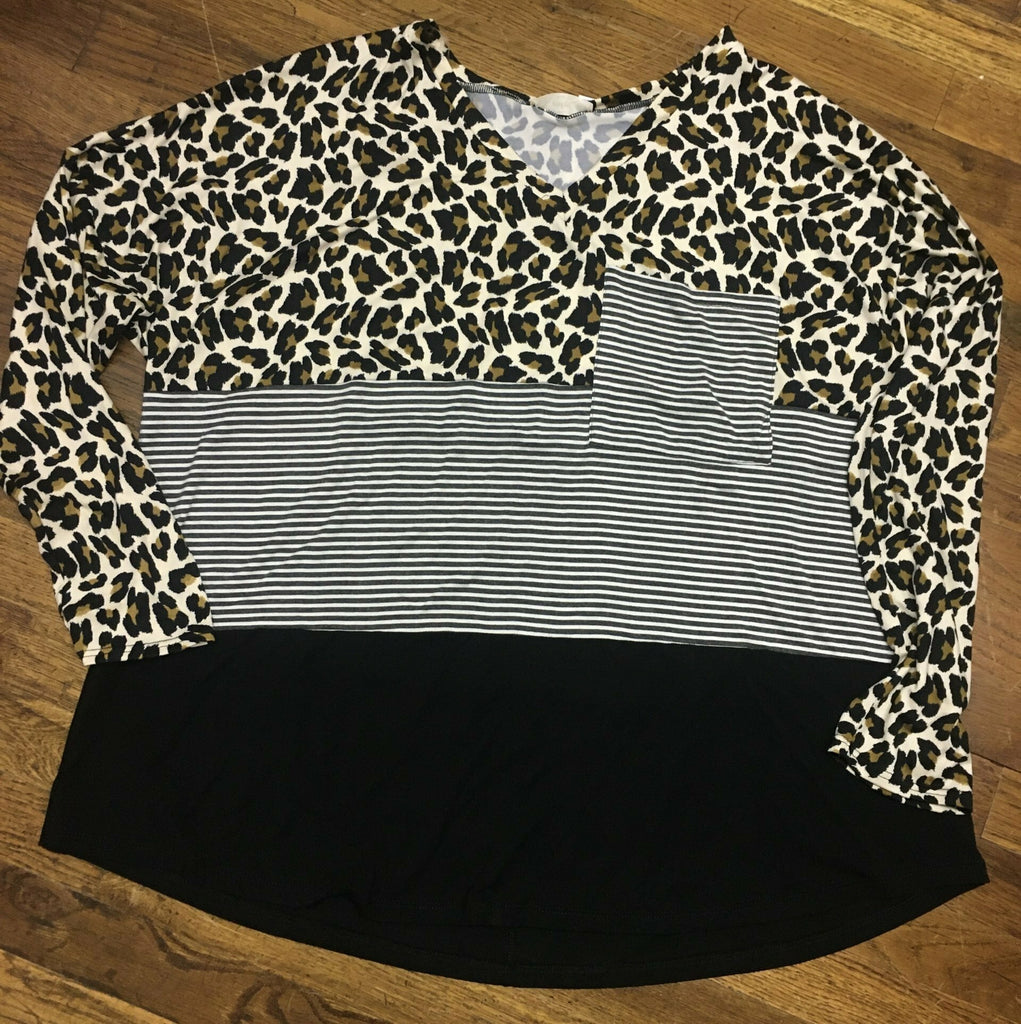Entro Cheetah & Grey Stripe Long Sleeve Plus Top-Curvy/Plus Tops-Entro-Deja Nu Boutique, Women's Fashion Boutique in Lampasas, Texas