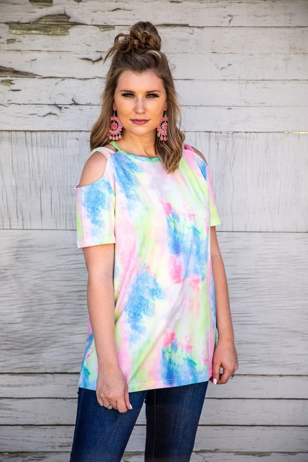 L And B Tie Dye Cold Shoulder Criss Cross Top-Tops-L And B-Deja Nu Boutique, Women's Fashion Boutique in Lampasas, Texas