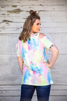 L And B Tie Dye Cold Shoulder Criss Cross Top-Tops-L And B-Deja Nu Boutique, Women's Fashion Boutique in Lampasas, Texas