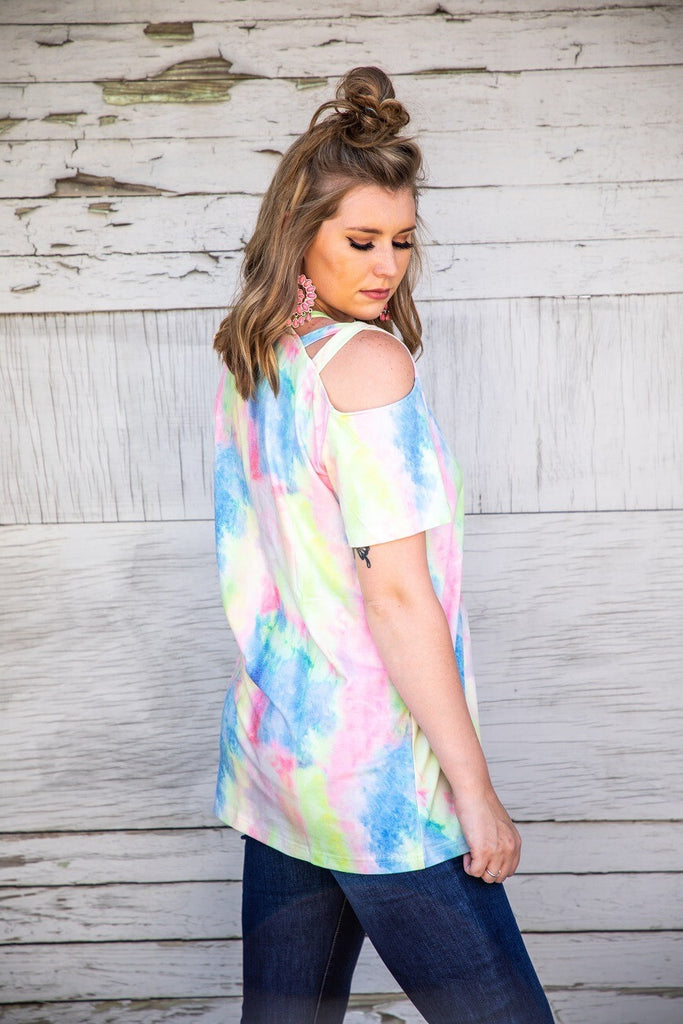 L And B Tie Dye Cold Shoulder Criss Cross Top-Tops-L And B-Deja Nu Boutique, Women's Fashion Boutique in Lampasas, Texas