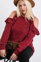 Janette Plus Burgundy Cold Shoulder/Ruffle Plus Top-Curvy/Plus Tops-Janette Plus-Deja Nu Boutique, Women's Fashion Boutique in Lampasas, Texas