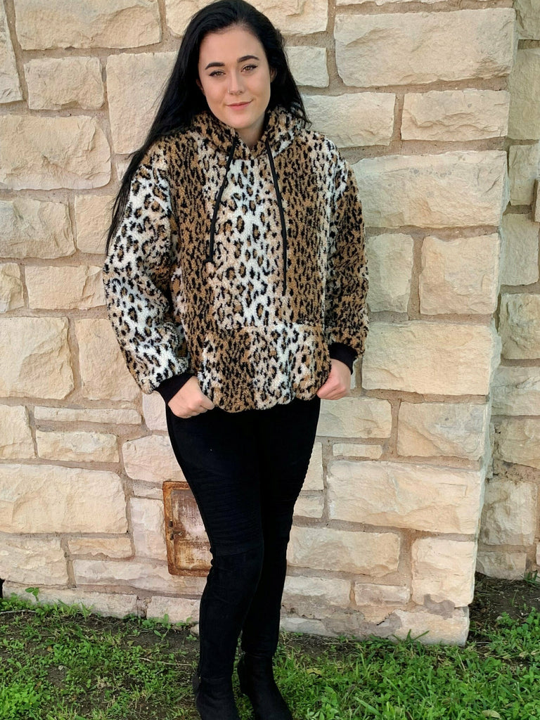 L And B Leopard Fuzzy Hoodie Pullover-Outerwear-L And B-Deja Nu Boutique, Women's Fashion Boutique in Lampasas, Texas