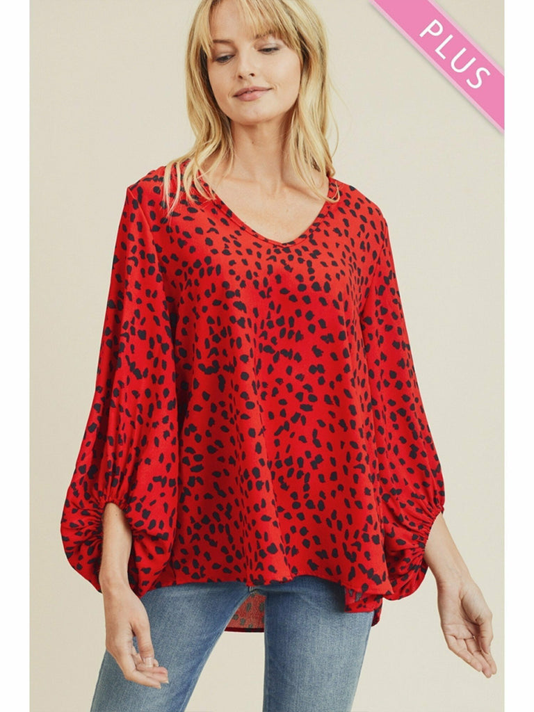 Jodifl Red Dalmatian Print Plus Blouse-Curvy/Plus Tops-Jodifl-Deja Nu Boutique, Women's Fashion Boutique in Lampasas, Texas
