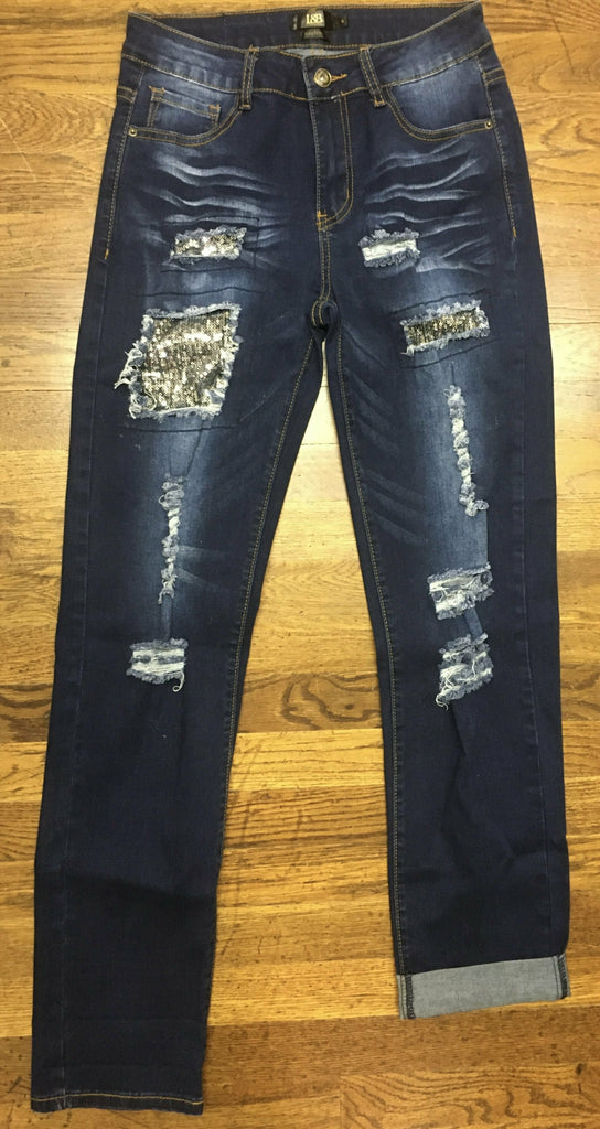 L And B Sliver Sequin Patch Boyfriend Skinny Jean-Bottoms-L And B-Deja Nu Boutique, Women's Fashion Boutique in Lampasas, Texas