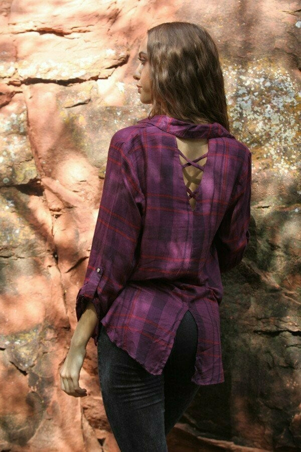 Angie Wine Plaid Criss Cross Back Top-Tops-Angie-Deja Nu Boutique, Women's Fashion Boutique in Lampasas, Texas