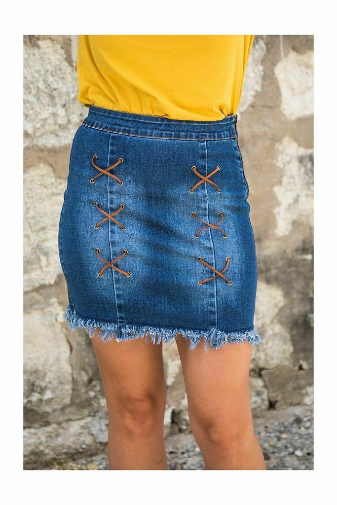 L and B Denim Skirt With Raw Hem-Skirts-L And B-Deja Nu Boutique, Women's Fashion Boutique in Lampasas, Texas