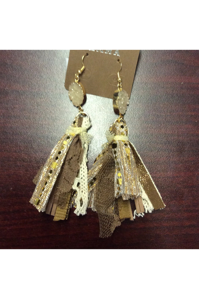 Rose Gold Tassel Earrings With Lace And Leather Trim-Earrings-Deja Nu Tx-Deja Nu Boutique, Women's Fashion Boutique in Lampasas, Texas
