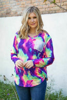 L And B Tie Dye V Neck Sequin Pocket Bright Colors Top-Tops-L And B-Deja Nu Boutique, Women's Fashion Boutique in Lampasas, Texas