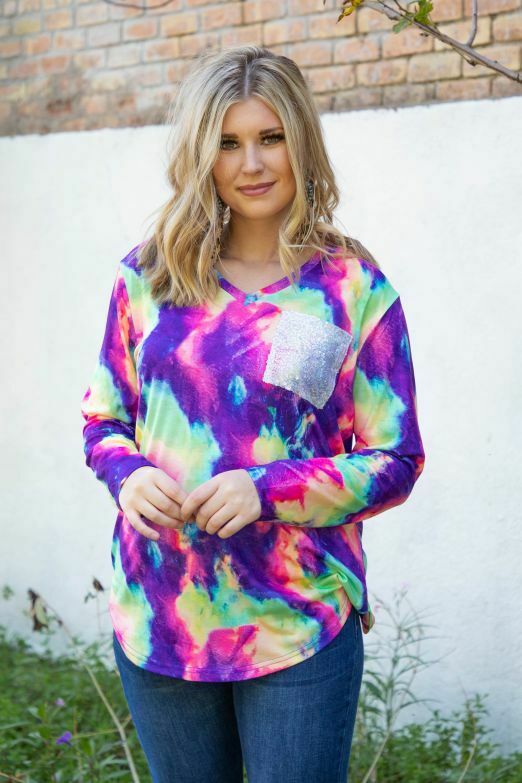 L And B Tie Dye V Neck Sequin Pocket Bright Colors Top-Tops-L And B-Deja Nu Boutique, Women's Fashion Boutique in Lampasas, Texas