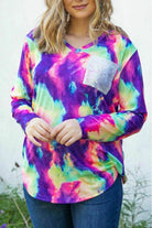 L And B Tie Dye V Neck Sequin Pocket Bright Colors Top-Tops-L And B-Deja Nu Boutique, Women's Fashion Boutique in Lampasas, Texas