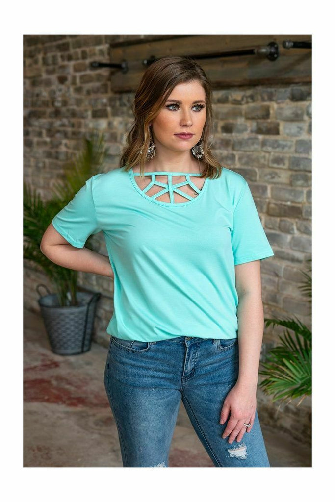 L And B Mint Caged Neck Tunic Top-Tunics-L And B-Deja Nu Boutique, Women's Fashion Boutique in Lampasas, Texas