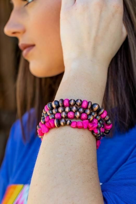 L And B Fuchsia Beaded Stone Bracelet-Bracelets-L And B-Deja Nu Boutique, Women's Fashion Boutique in Lampasas, Texas