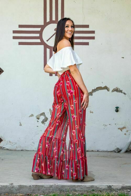 L And B Floral Serape Pant With Ruffle Hem-Bottoms-L And B-Deja Nu Boutique, Women's Fashion Boutique in Lampasas, Texas