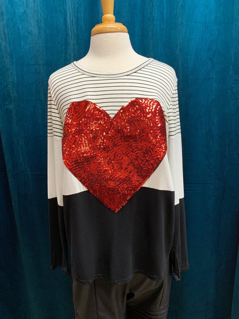7th Ray Black And White Stripe Sequin Red Heart Top-Graphic Sweaters-7th Ray-Deja Nu Boutique, Women's Fashion Boutique in Lampasas, Texas
