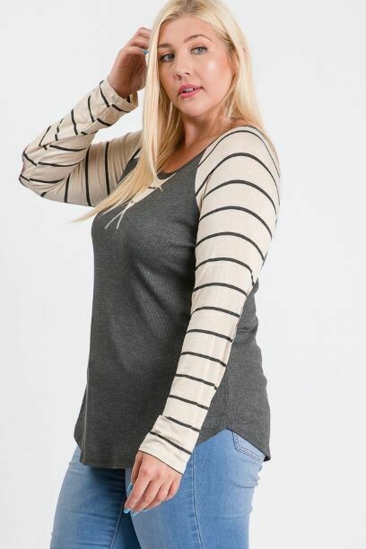 7th Ray Plus Charcoal/Oatmeal Stripe Top-Curvy/Plus Tops-7th Ray-Deja Nu Boutique, Women's Fashion Boutique in Lampasas, Texas