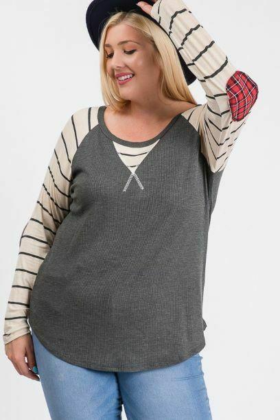 7th Ray Plus Charcoal/Oatmeal Stripe Top-Curvy/Plus Tops-7th Ray-Deja Nu Boutique, Women's Fashion Boutique in Lampasas, Texas