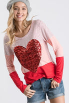 7th Ray Red And Pink Stripe Sequin Heart Top-Graphic Sweaters-7th Ray-Deja Nu Boutique, Women's Fashion Boutique in Lampasas, Texas