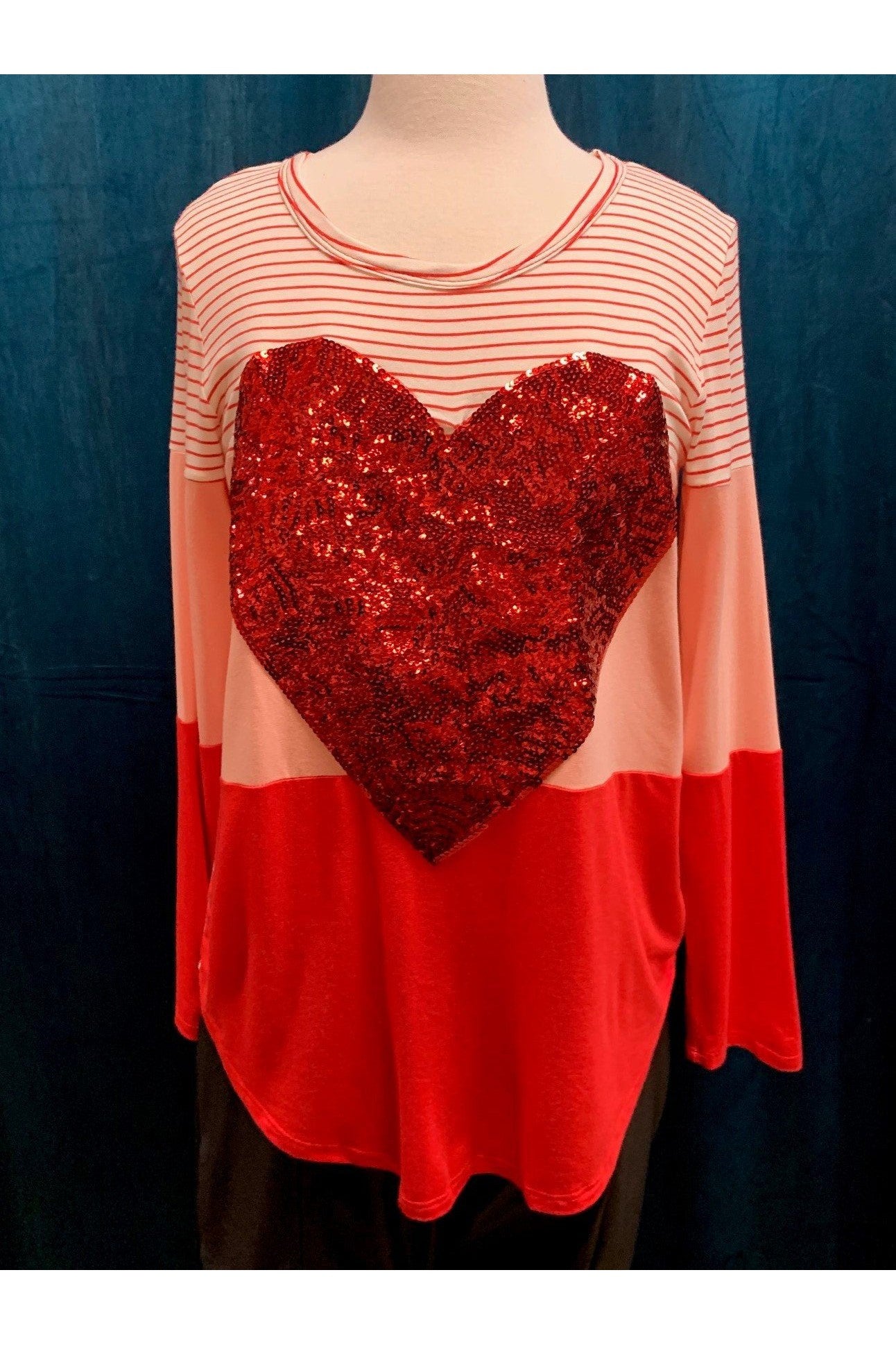 7th Ray Red And Pink Stripe Sequin Heart Top-Graphic Sweaters-7th Ray-Deja Nu Boutique, Women's Fashion Boutique in Lampasas, Texas