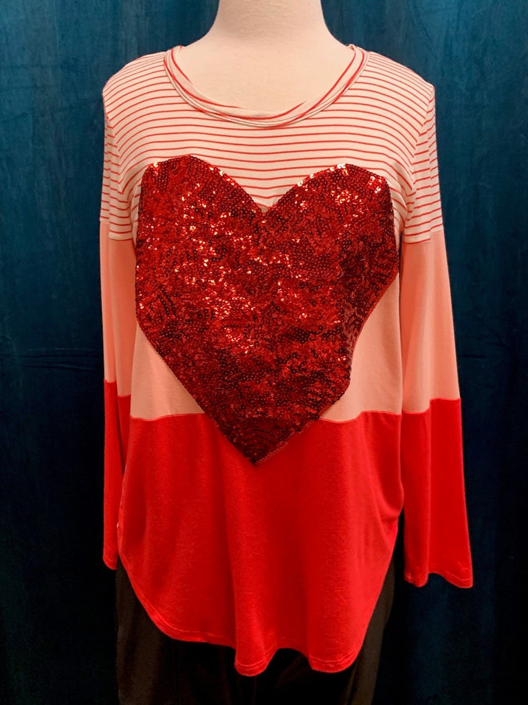 7th Ray Red And Pink Stripe Sequin Heart Top-Graphic Sweaters-7th Ray-Deja Nu Boutique, Women's Fashion Boutique in Lampasas, Texas
