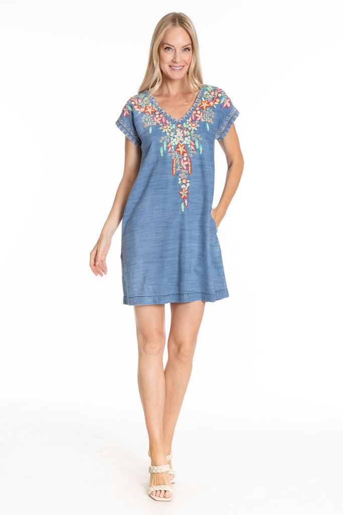 APNY Floral Embroidered Indigo V Neck Dress With Pockets-Dresses-APNY-Deja Nu Boutique, Women's Fashion Boutique in Lampasas, Texas