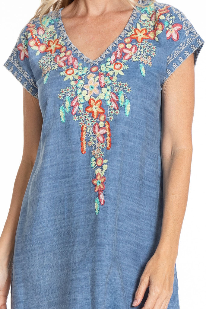 APNY Floral Embroidered Indigo V Neck Dress With Pockets-Dresses-APNY-Deja Nu Boutique, Women's Fashion Boutique in Lampasas, Texas