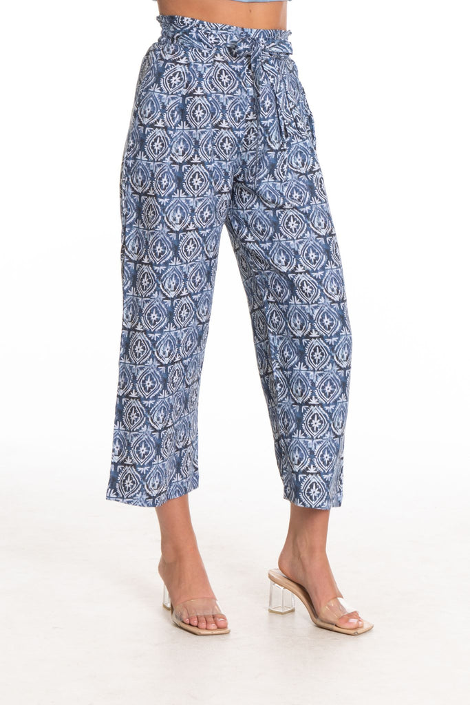 APNY Paper Bag Crop Batik Linen Pant In Navy-Pants-APNY-Deja Nu Boutique, Women's Fashion Boutique in Lampasas, Texas