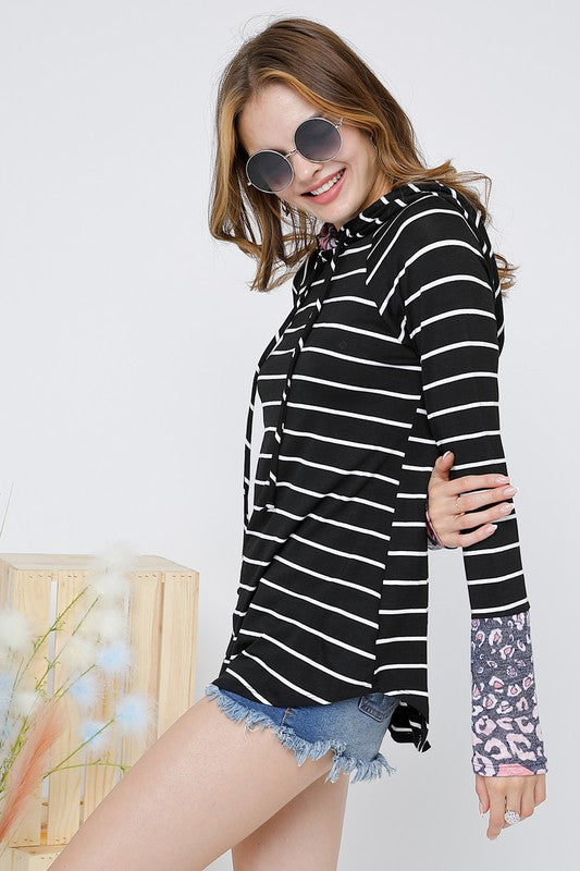 Adora Black Stripe Tunic With Navy Leopard Hoodie-Tunics-Adora-Deja Nu Boutique, Women's Fashion Boutique in Lampasas, Texas