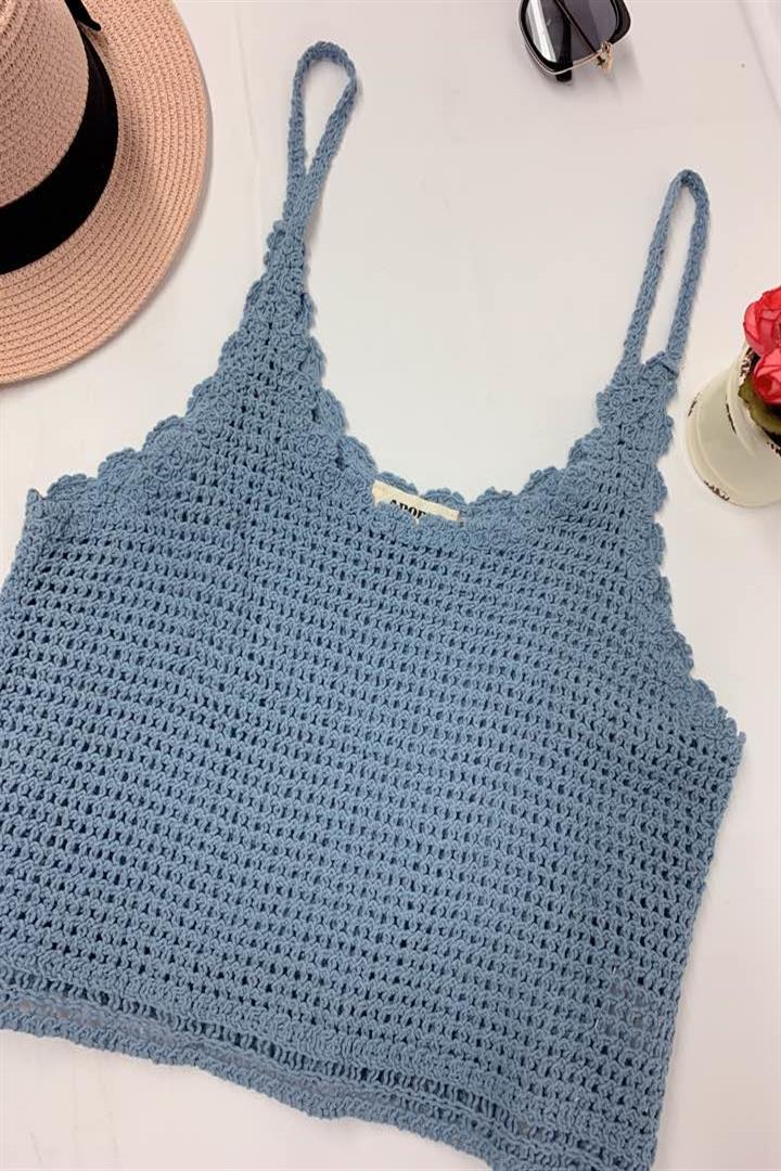 Adora Blue Knit Open Weave Tank Top-Camis/Tanks-Adora-Deja Nu Boutique, Women's Fashion Boutique in Lampasas, Texas