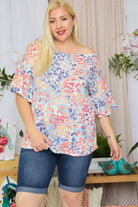 Adora Blue Leopard Boat Neck Top With Ruffle Sleeve -Plus-Curvy/Plus Tops-Adora-Deja Nu Boutique, Women's Fashion Boutique in Lampasas, Texas