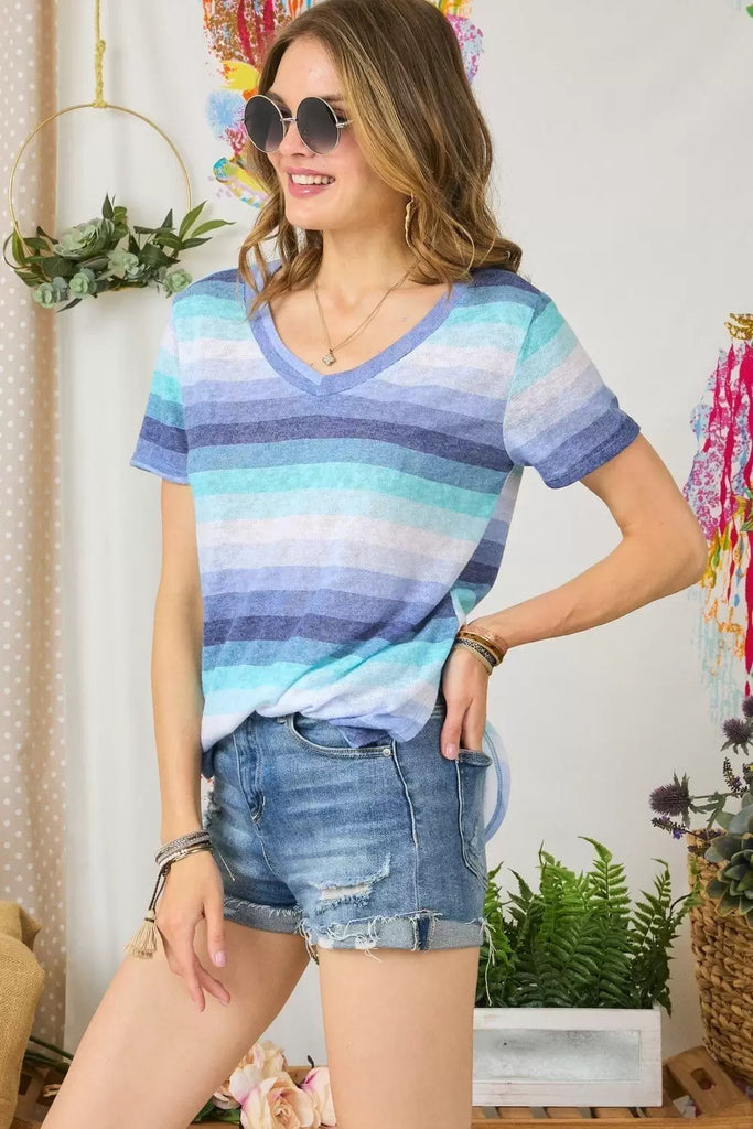 Adora Blue Multi Color Ombre Stripe Short Sleeve Top-Short Sleeves-Adora-Deja Nu Boutique, Women's Fashion Boutique in Lampasas, Texas