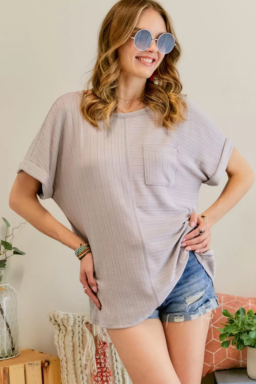 Adora Boat Neck Short Sleeve Loose Fit Top In Lavender-Short Sleeves-Adora-Deja Nu Boutique, Women's Fashion Boutique in Lampasas, Texas