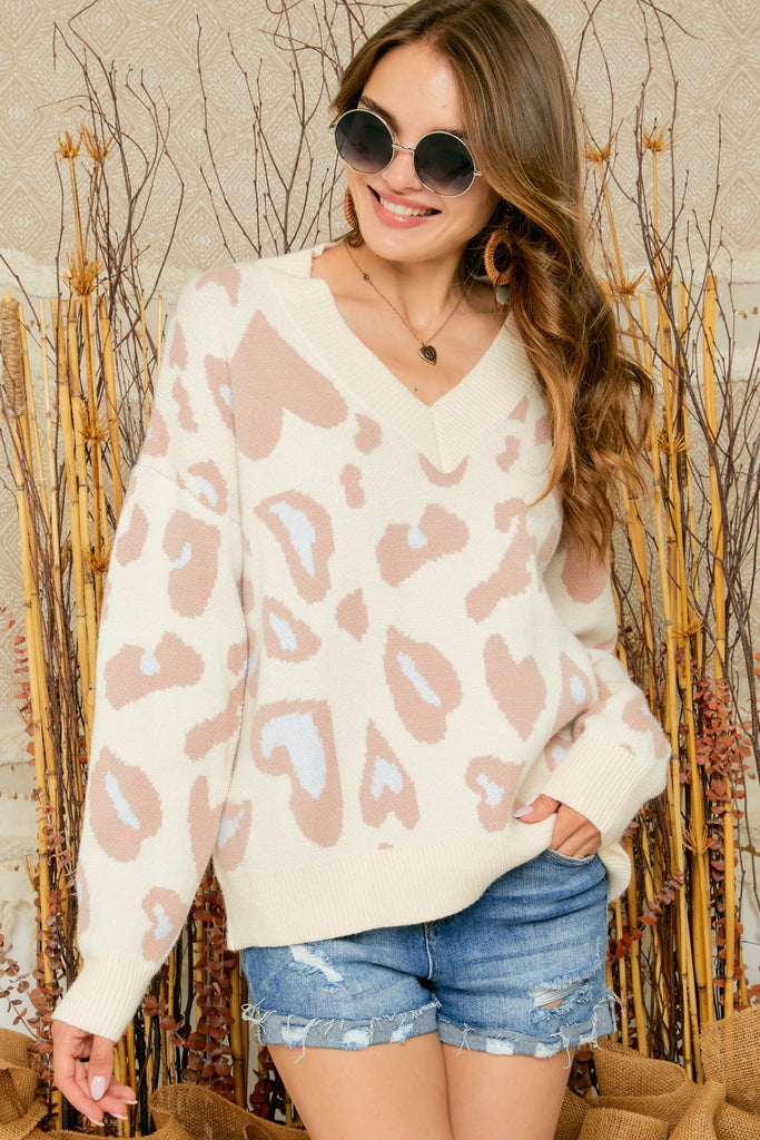 Adora Cream Mauve And Blue Leopard Sweater-Sweaters-Adora-Deja Nu Boutique, Women's Fashion Boutique in Lampasas, Texas