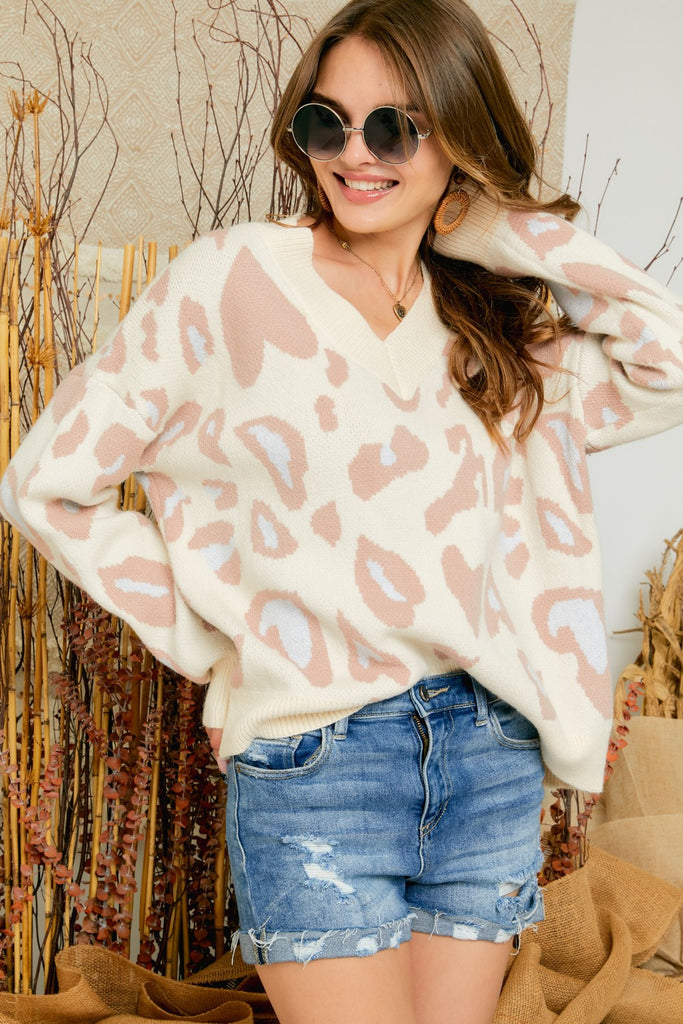 Adora Cream Mauve And Blue Leopard Sweater-Sweaters-Adora-Deja Nu Boutique, Women's Fashion Boutique in Lampasas, Texas
