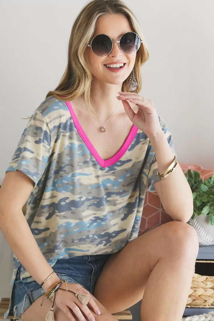 Adora Denim Camo Short Sleeve Multi Stripe Top With Hot Pink Trim-Short Sleeves-Adora-Deja Nu Boutique, Women's Fashion Boutique in Lampasas, Texas