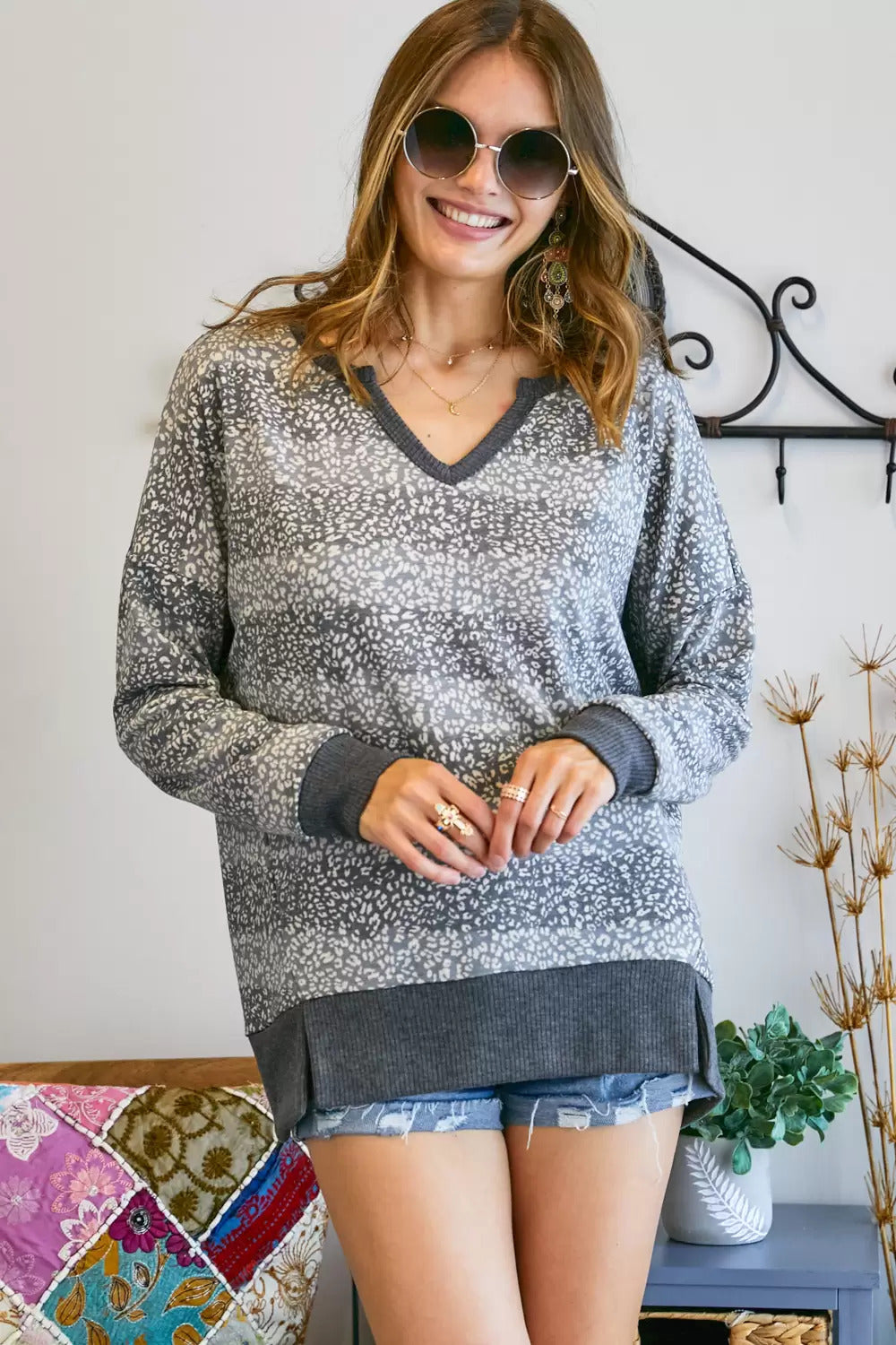 Adora Grey Cheetah V Neck Loose Fit Top Plus-Curvy/Plus Tops-Adora-Deja Nu Boutique, Women's Fashion Boutique in Lampasas, Texas