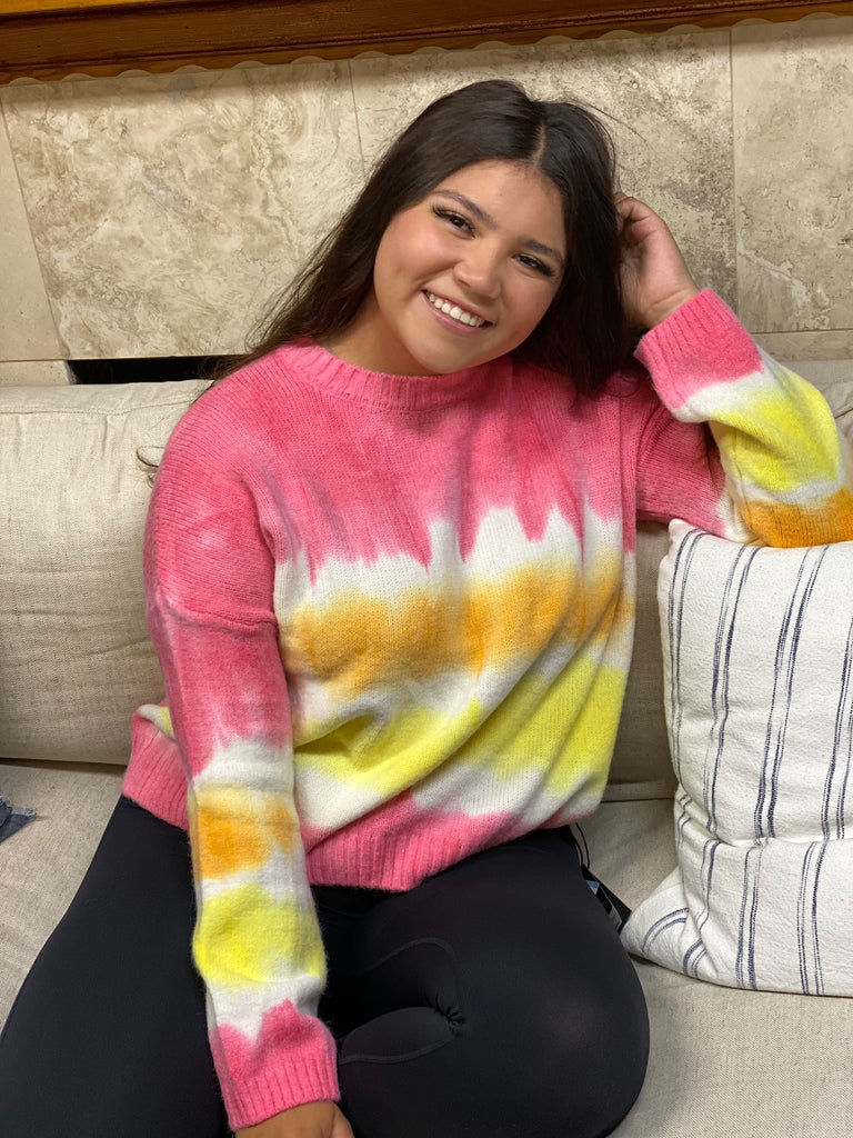 Adora Hot Pink Multi Colored Tie Dye Sweater-Sweaters-Adora-Deja Nu Boutique, Women's Fashion Boutique in Lampasas, Texas