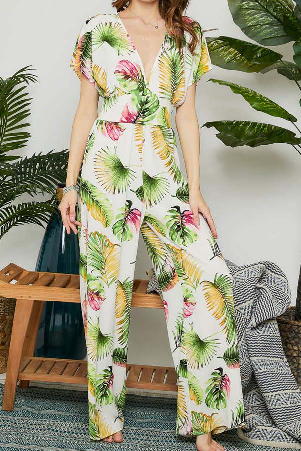 Adora Ivory Palm Tree Jumpsuit-Rompers & Jumpsuits-Adora-Deja Nu Boutique, Women's Fashion Boutique in Lampasas, Texas