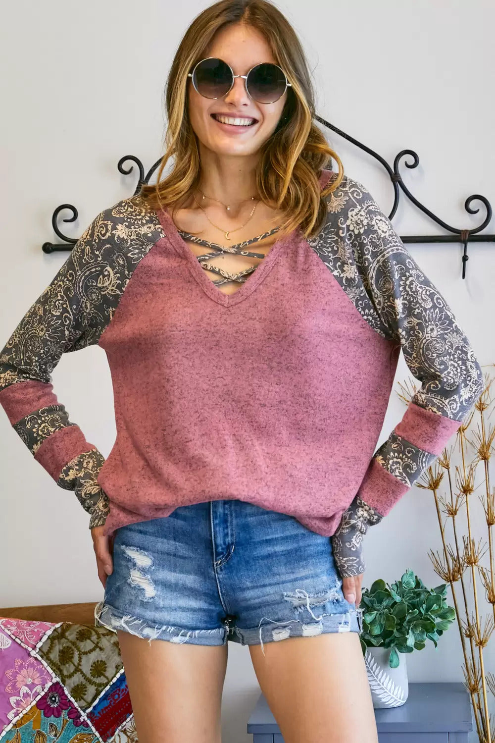 Adora Lattice V Neck Paisley Print Contrast Top In Rubber-Long Sleeves-Adora-Deja Nu Boutique, Women's Fashion Boutique in Lampasas, Texas