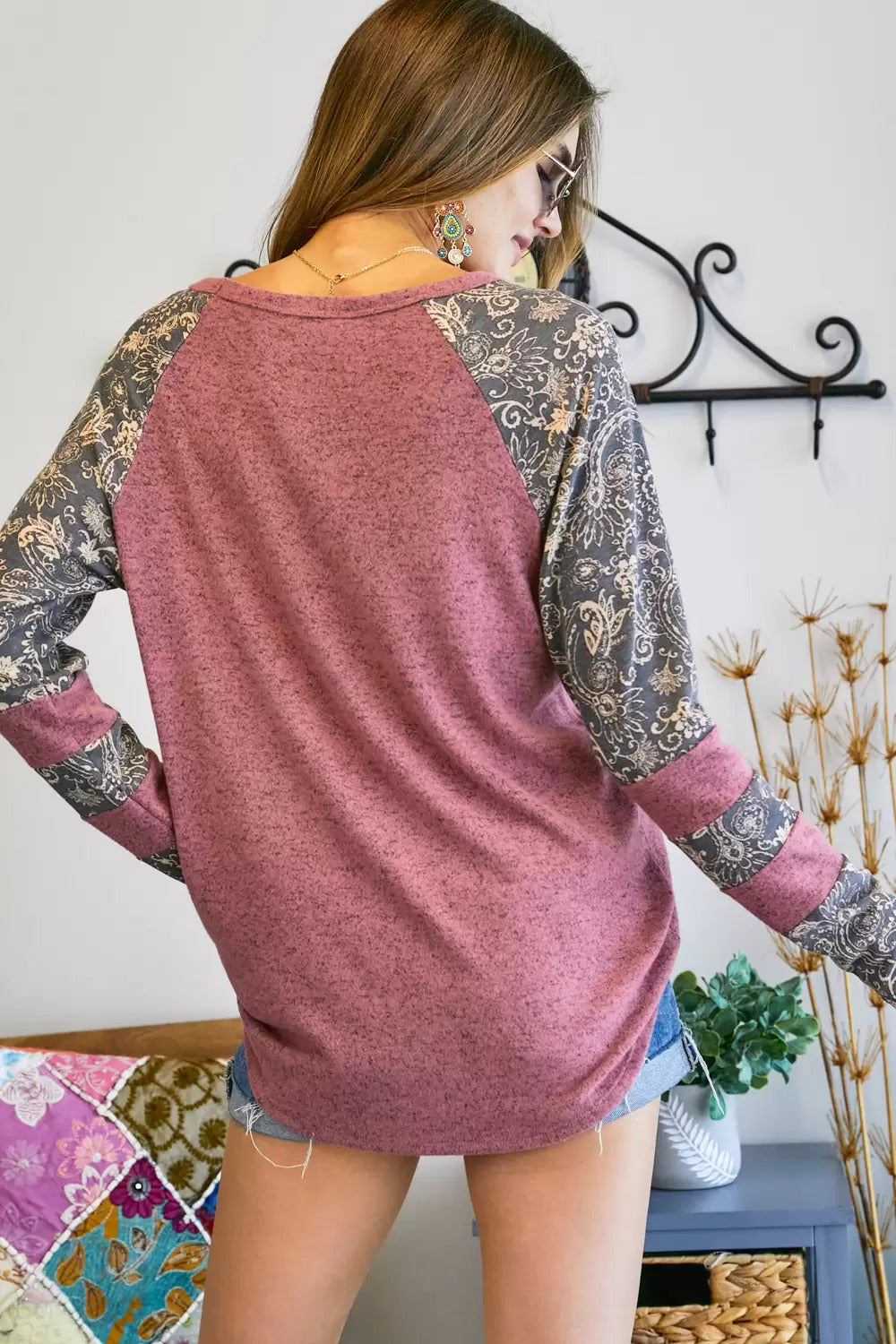 Adora Lattice V Neck Paisley Print Contrast Top In Rubber-Long Sleeves-Adora-Deja Nu Boutique, Women's Fashion Boutique in Lampasas, Texas