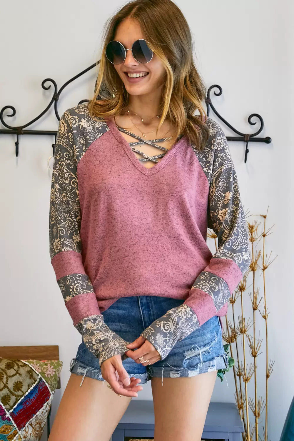 Adora Lattice V Neck Paisley Print Contrast Top In Rubber-Long Sleeves-Adora-Deja Nu Boutique, Women's Fashion Boutique in Lampasas, Texas