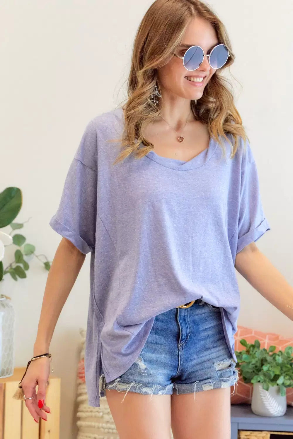 Adora Lavender Braided Neckline Loose Fit Tee-Long Sleeves-Adora-Deja Nu Boutique, Women's Fashion Boutique in Lampasas, Texas