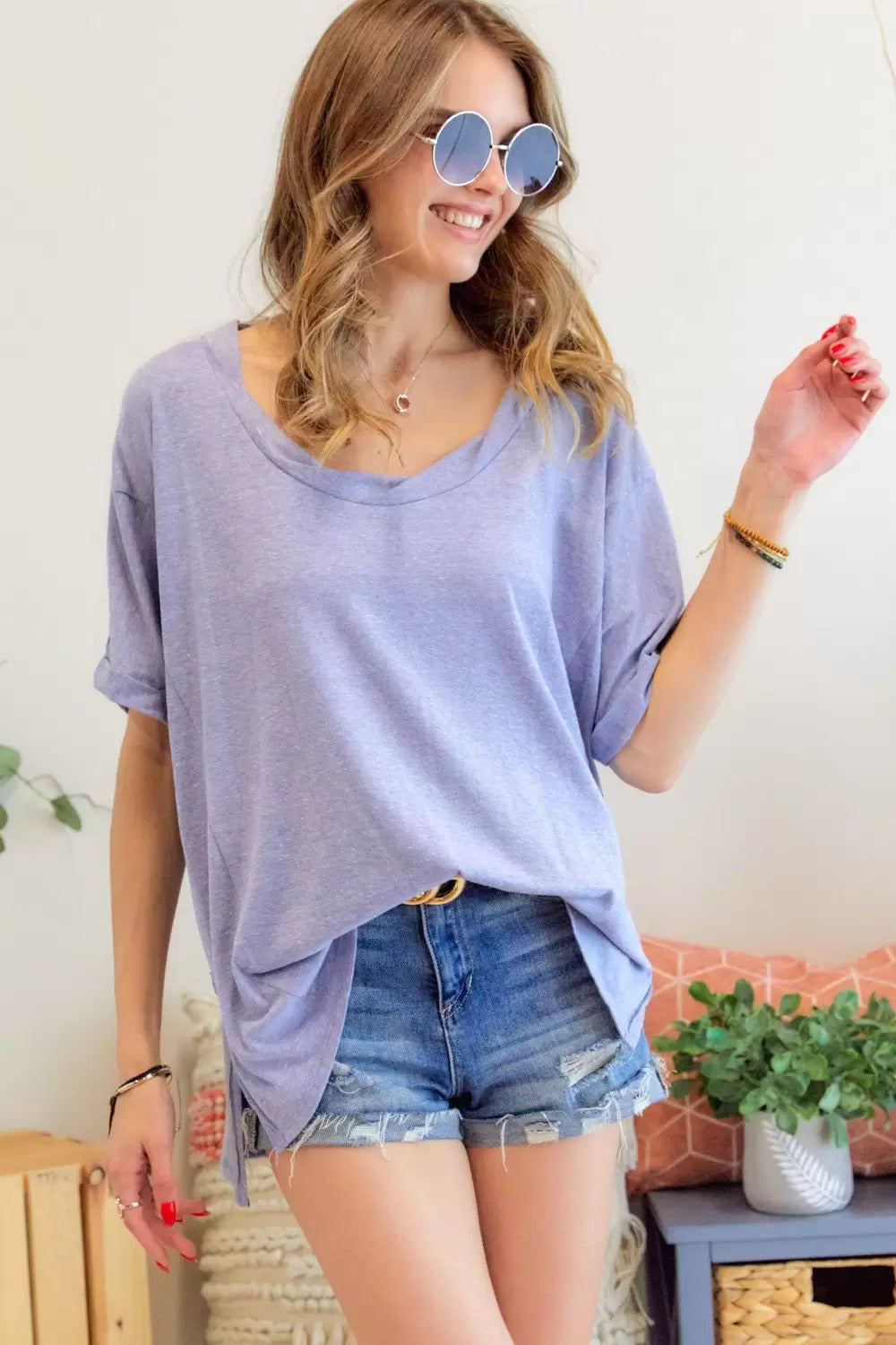 Adora Lavender Braided Neckline Loose Fit Tee-Long Sleeves-Adora-Deja Nu Boutique, Women's Fashion Boutique in Lampasas, Texas