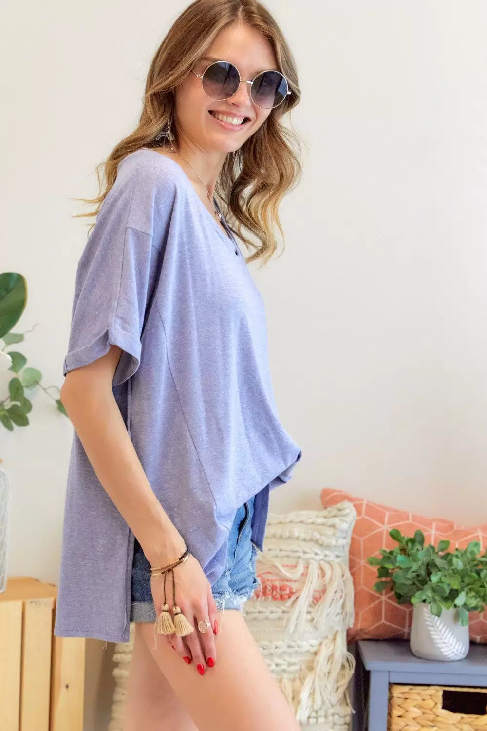 Adora Lavender Braided Neckline Loose Fit Tee-Long Sleeves-Adora-Deja Nu Boutique, Women's Fashion Boutique in Lampasas, Texas