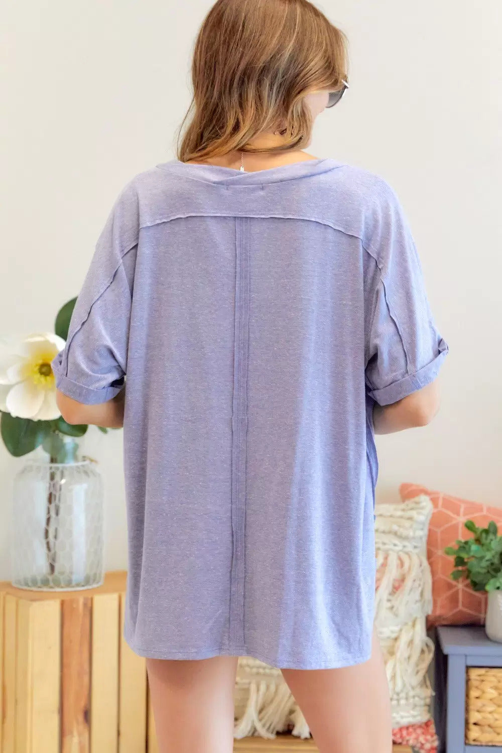 Adora Lavender Braided Neckline Loose Fit Tee-Long Sleeves-Adora-Deja Nu Boutique, Women's Fashion Boutique in Lampasas, Texas