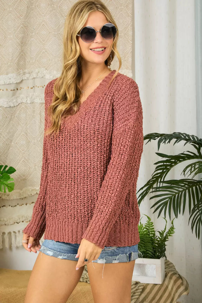 Adora Marsala Chunky V Neck Relaxed Fit Sweater-Sweaters-Adora-Deja Nu Boutique, Women's Fashion Boutique in Lampasas, Texas