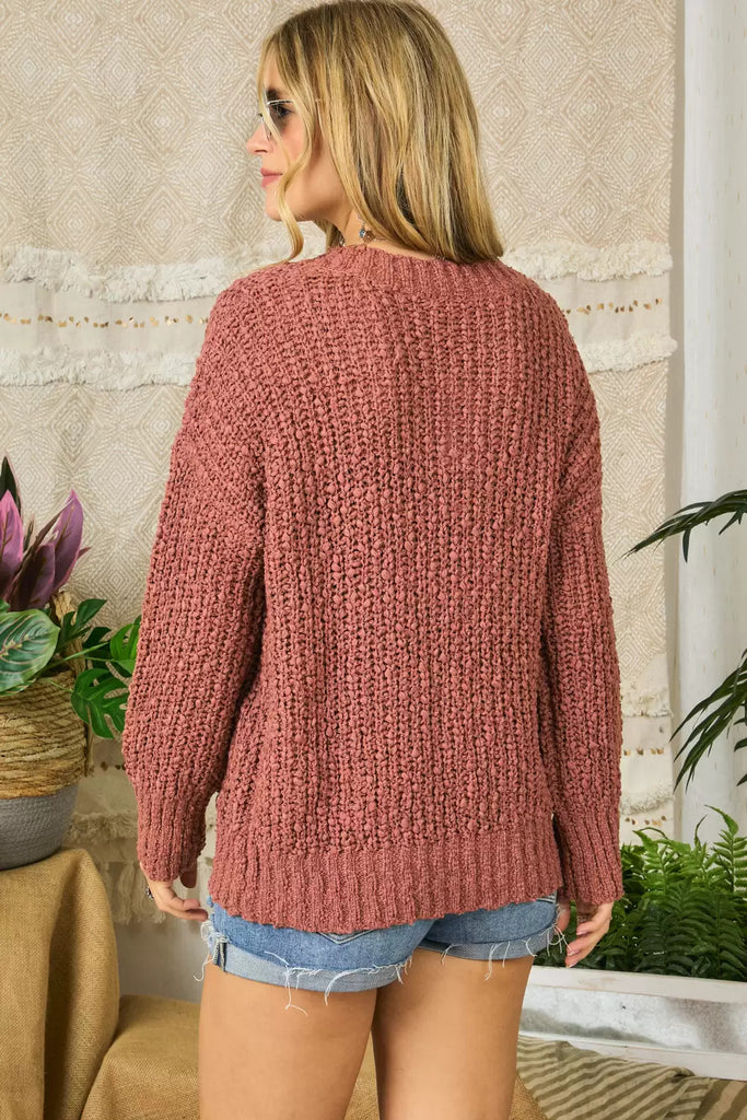 Adora Marsala Chunky V Neck Relaxed Fit Sweater-Sweaters-Adora-Deja Nu Boutique, Women's Fashion Boutique in Lampasas, Texas