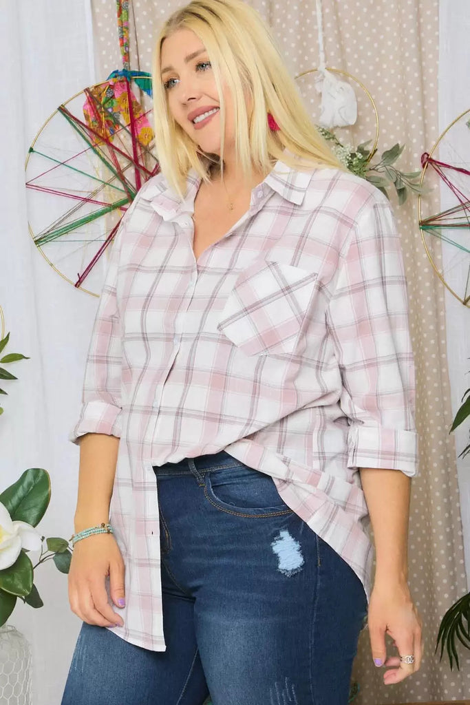 Adora Mauve Check Flannel Shacket Plus-Curvy/Plus Tops-Adora-Deja Nu Boutique, Women's Fashion Boutique in Lampasas, Texas