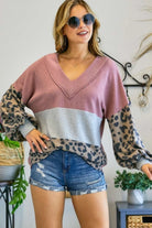 Adora Mauve Grey And Leopard Print V Neck Pullover Sweater-Sweaters-Adora-Deja Nu Boutique, Women's Fashion Boutique in Lampasas, Texas