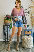 Adora Mauve Grey And Leopard Print V Neck Pullover Sweater-Sweaters-Adora-Deja Nu Boutique, Women's Fashion Boutique in Lampasas, Texas