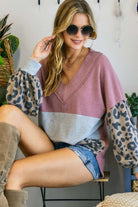 Adora Mauve Grey And Leopard Print V Neck Pullover Sweater-Sweaters-Adora-Deja Nu Boutique, Women's Fashion Boutique in Lampasas, Texas